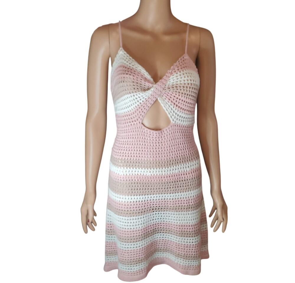 Crochet Open Knit Striped Keyhole Dress Beach Cover Up Lace Back fits XS, S, M